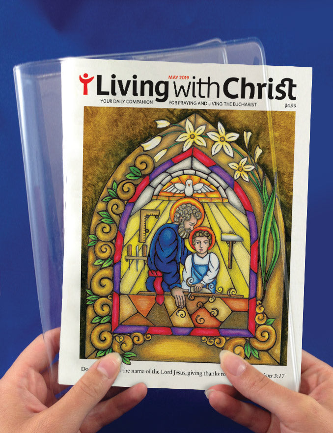 "Living with Christ Vinyl Cover" presentation picture features two hands holding a Living with Christ issue with a vinyl cover in a blue background.