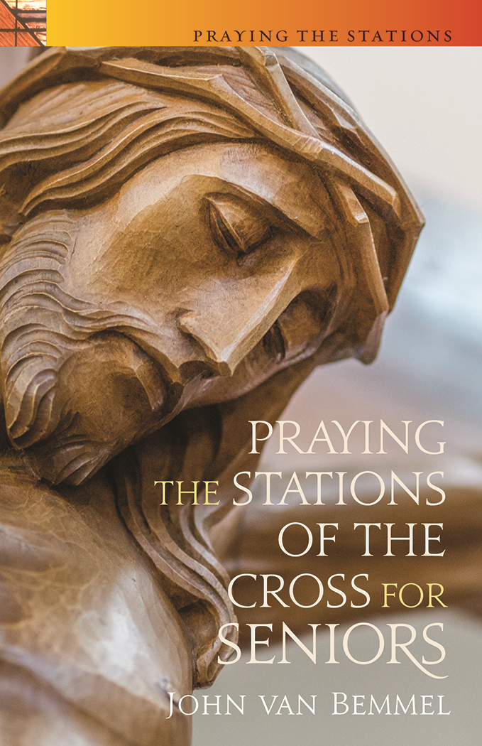 "Praying the Stations of the Cross for Seniors" by John van Bemmel cover features a picture of wooden statue of Jesus. 