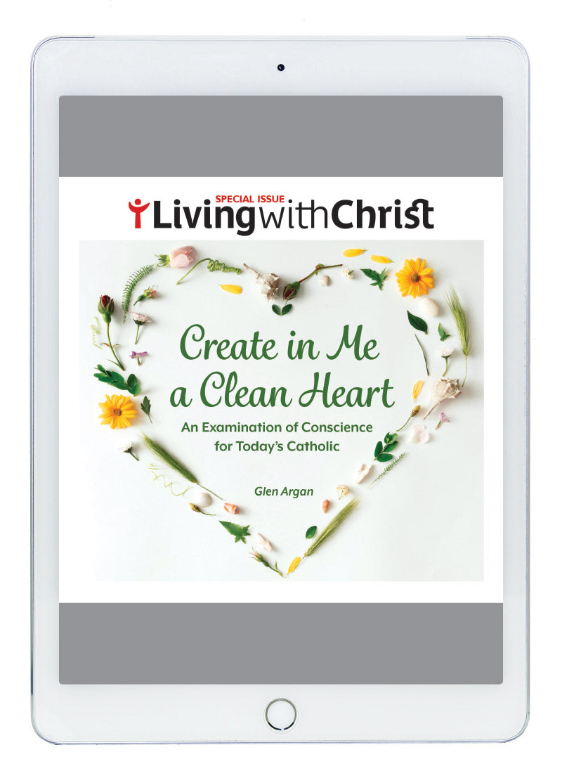 Picture of "eBook Create in Me a Clean Heart - Living with Christ Special Issue" cover in a tablet.