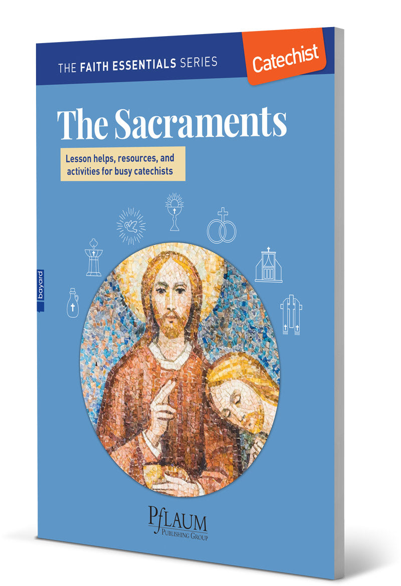 Image of the cover of "The Sacraments - Lesson helps, resources, and activities for busy catechists" which features a mosaic of Jesus and one apostle on a blue background.