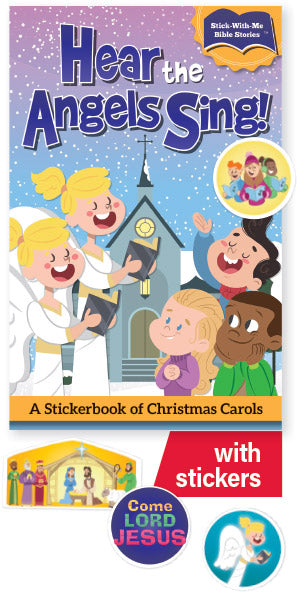 "Hear the Angels Sing!" Sticker Book cover features children singing in front of a church in winter.