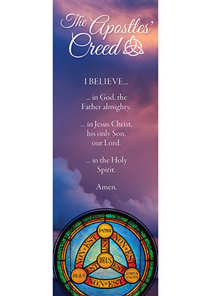 Picture of "Apostles Creed Bookmark" which features a stained glass with a purple sky as background.