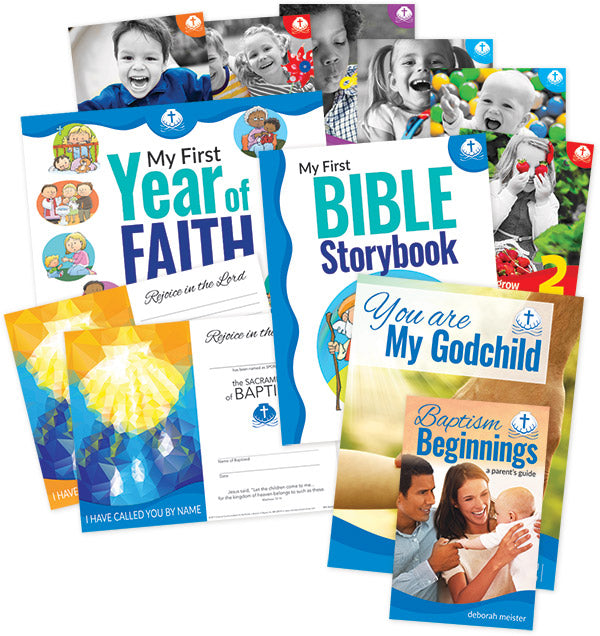 "Baptism Connection Family Packet — Welcoming God's Children" presentation picture features the two storybooks, two certificates and multiple cards.