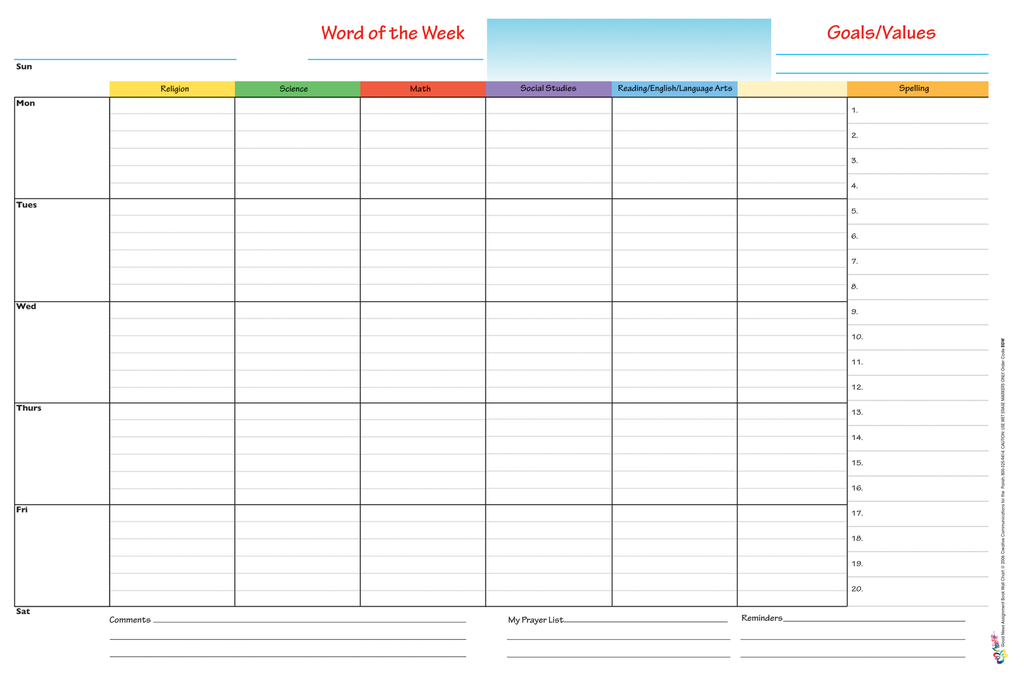 Elementary Laminated Wipe-Off Assignment Wall Chart For Grades 4-6