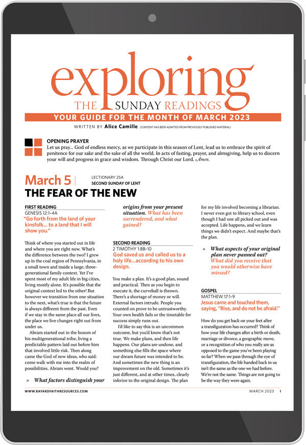 "March 2023 Exploring the Sunday Readings Digital Edition" first page on a tablet.