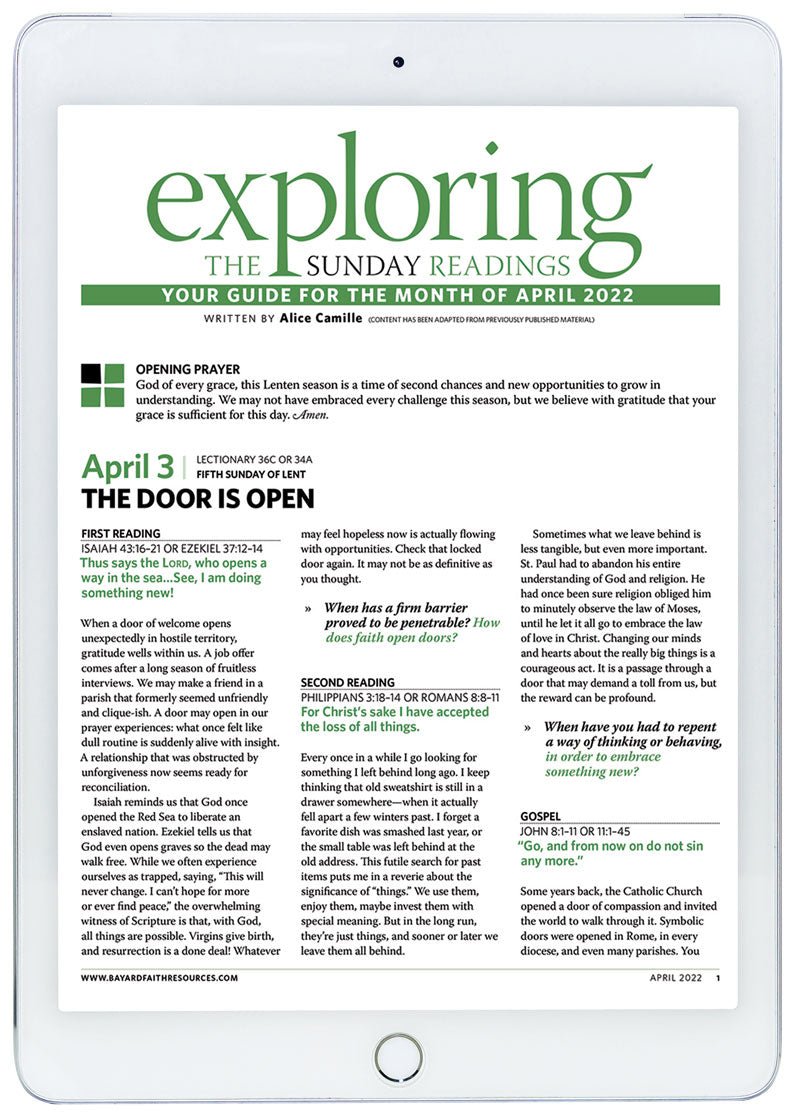 April 2022 Exploring the Sunday Readings Digital Edition first page in a tablet.