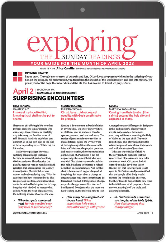 First page of April 2023 Exploring the Sunday Readings Digital Edition on a tablet.