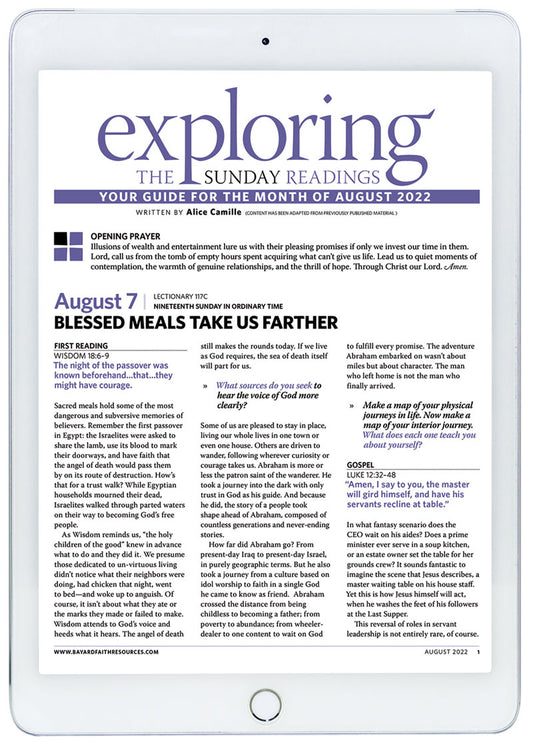 August 2022 Exploring the Sunday Readings Digital Edition first page in a tablet.