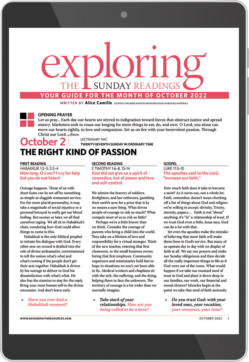 "October 2022 Exploring the Sunday Readings Digital Edition" first page on a tablet.