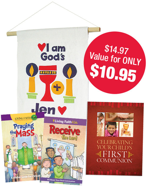 "First Communion Banner Collection" presentation picture features a banner and three books. 