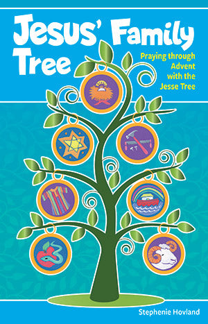 "Jesus' Family Tree - Children's Devotional" by Stephenie Hovland cover features a drawing of a tree with multiple religious symbols in a blue background.