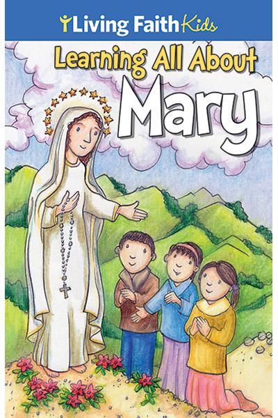 "Living Faith Kids Sticker: Learning About Mary" cover features a drawing of Mary blessing three children in a mountain.