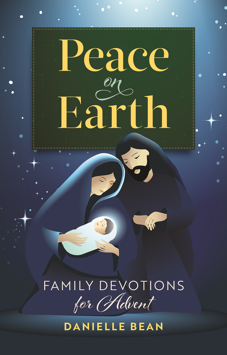 "Peace On Earth" by Danielle Bean cover features a drawing of Marie and Joseph holding Jesus by night.