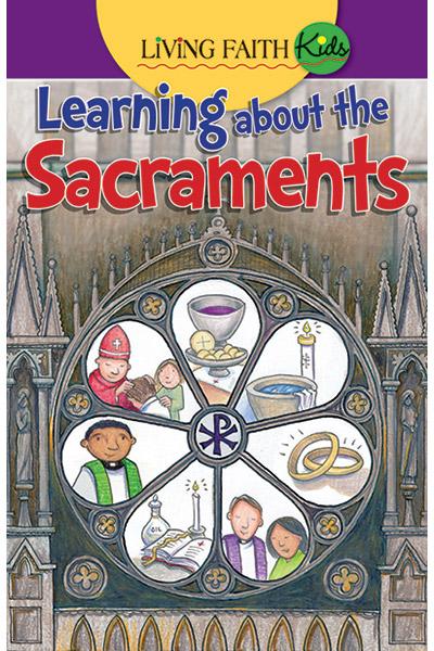 Cover illustration of 'Learning about the Sacraments' by Living Faith Kids, featuring a captivating drawing of a cathedral