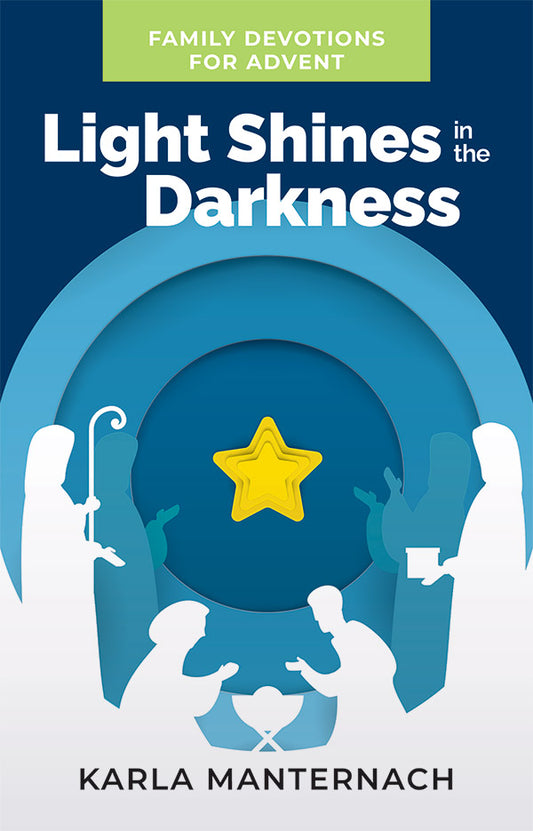 Cover of "Light Shines In The Darkness" by Karla Manternach features a scene of Nativity in white in a blue background.