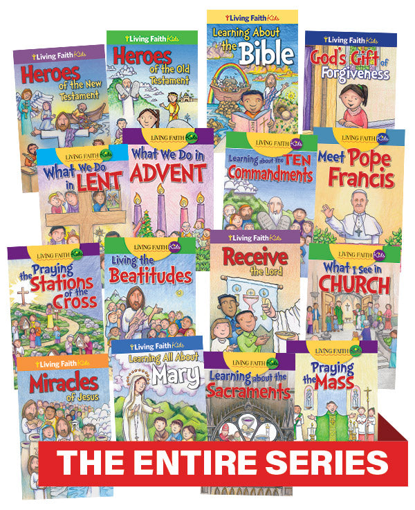 Presentation picture of "Living Faith Kids Sticker Books Complete Set" features the 16 books.