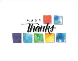 "Many Thanks Card" features colorful squares in a white background.