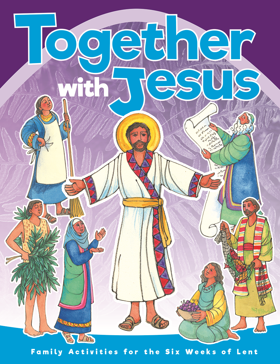 Cover of "Together With Jesus: Family Activities for the Six Weeks of Lent" features a drawing of Jesus and the apostles in a purple background.